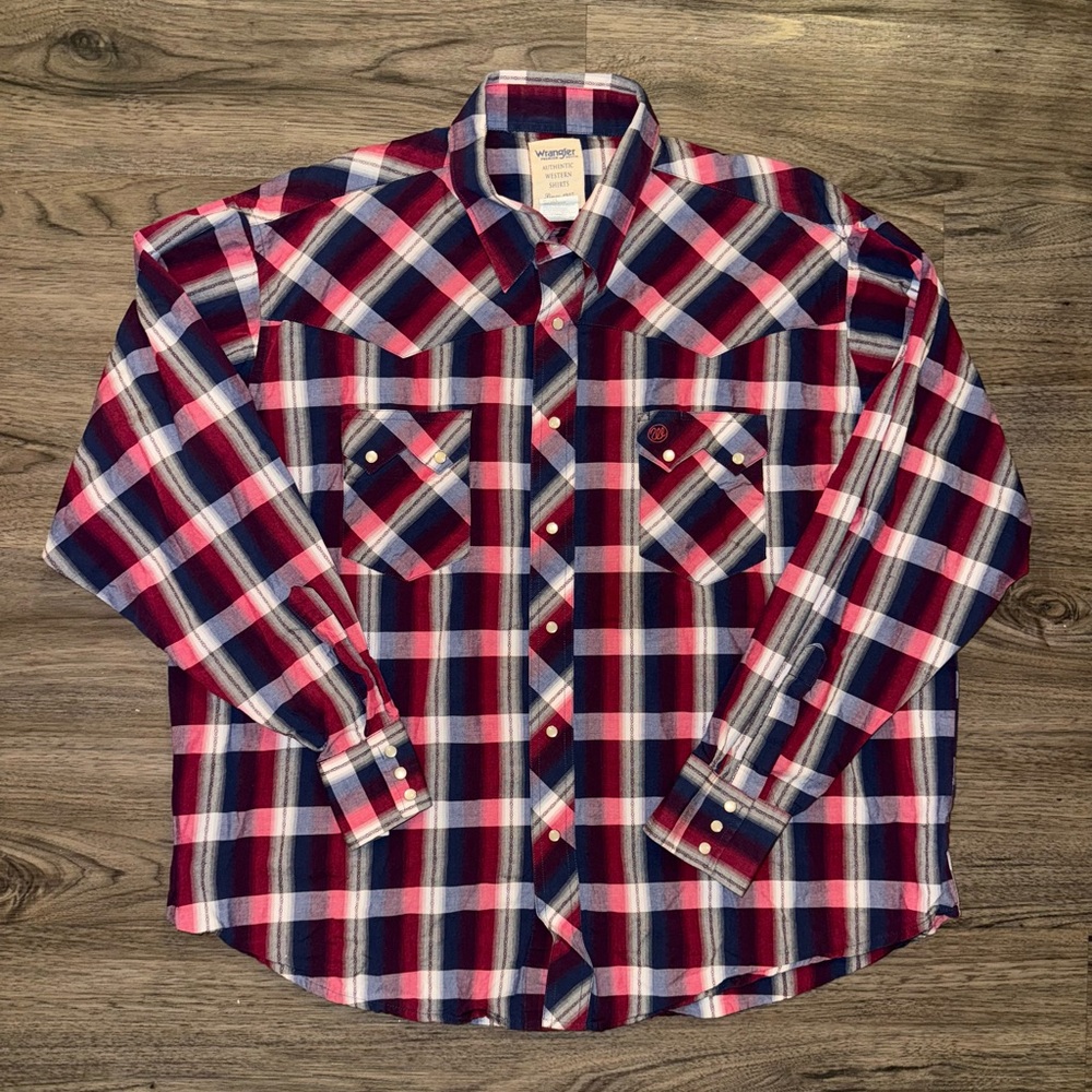 VINTAGE WRANGLER LONG SLEEVE PEARL SNAP BUTTON, Red/Blue Checkered size XL